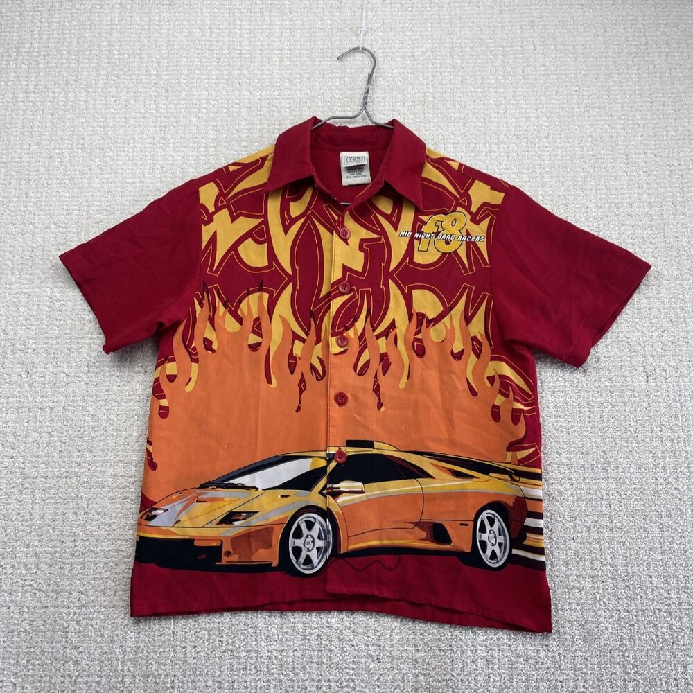 Y2K 725 Originals Flames Drag Racing Car AOP Fire Shirt Sz M* Cyber Grunge Read